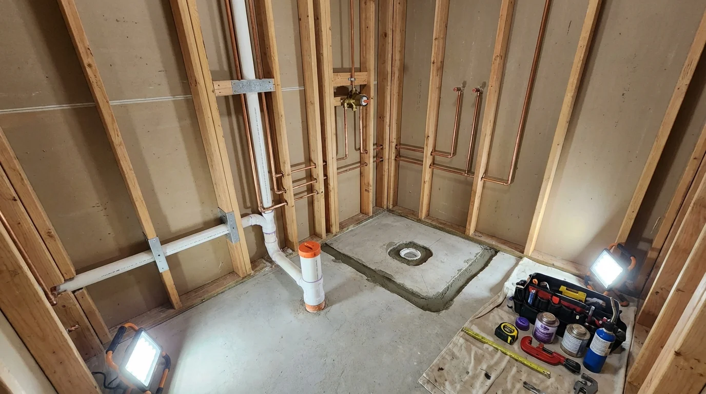 Bathroom rough-in plumbing during remodel by Johns Plumbing LLC in Brimfield