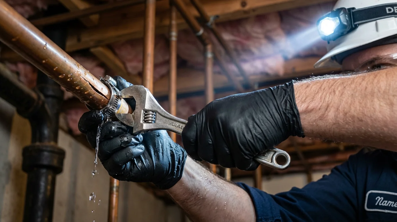 Emergency pipe clamp repair being performed by a Johns Plumbing LLC plumber in Brimfield