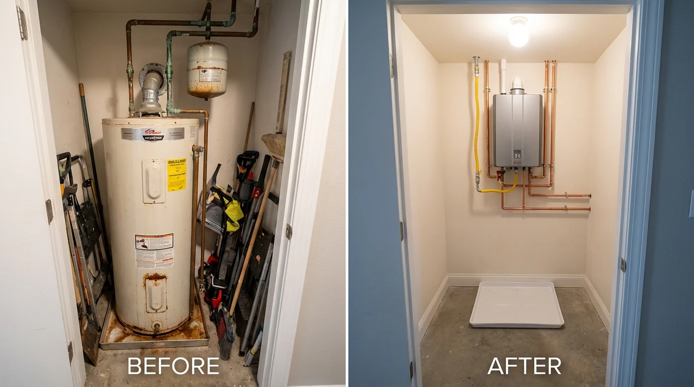 Tank water heater versus wall-mounted tankless unit comparison for Brimfield, MA homeowners