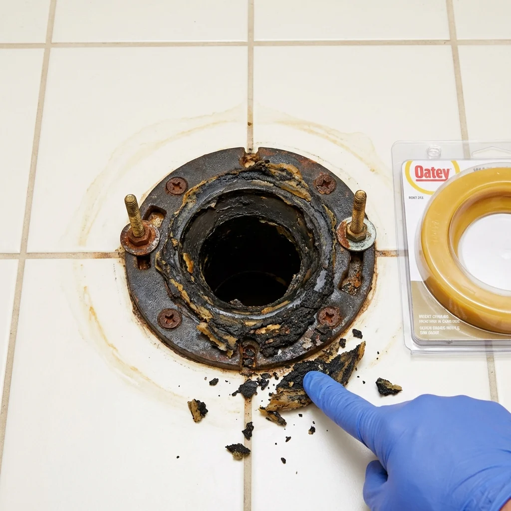 Failed wax ring showing water seepage at the base of a toilet in a Brimfield, MA home