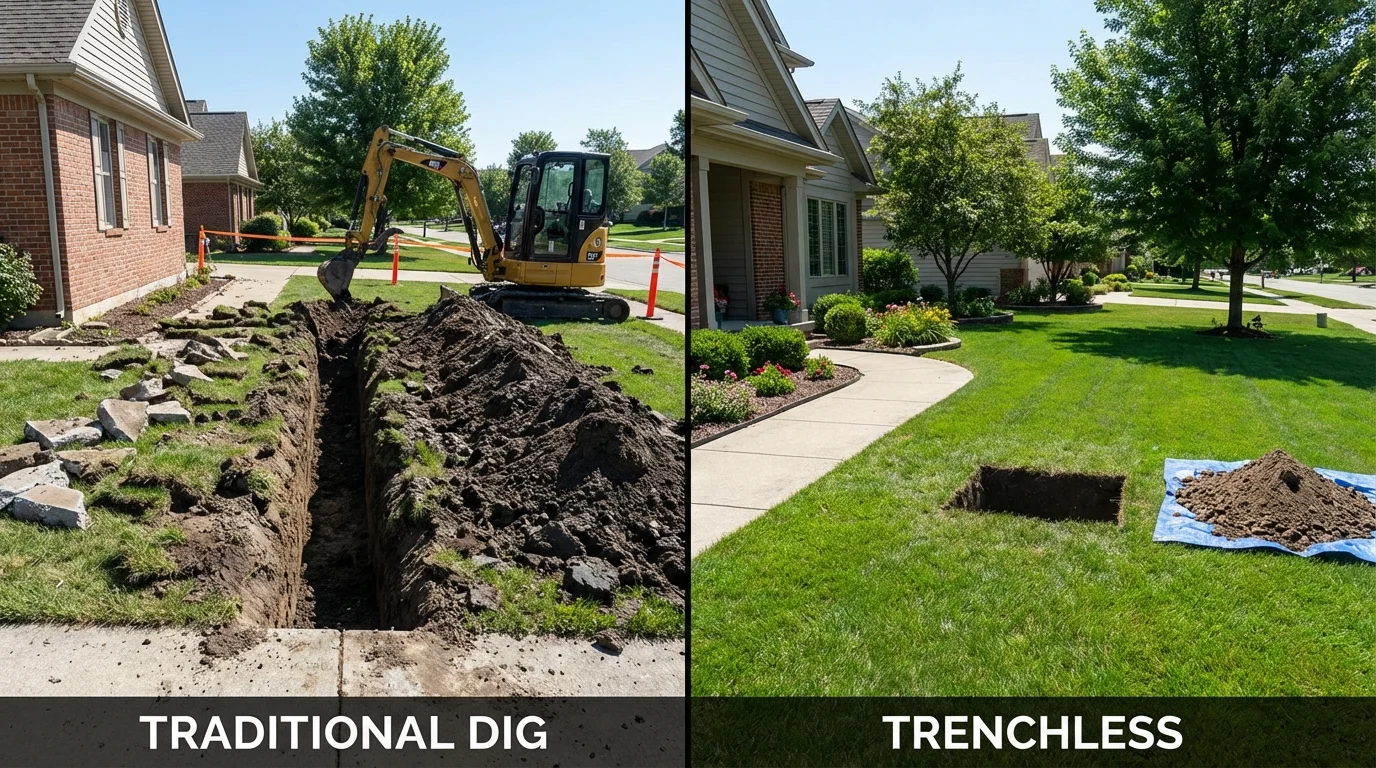 Trenchless sewer repair with minimal yard damage versus traditional excavation in Brimfield, MA